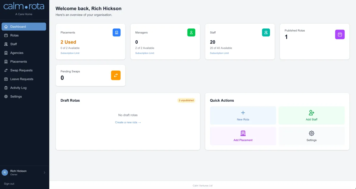 CalmRota app dashboard