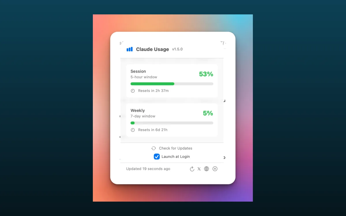 Claude Usage menu bar app showing Claude Code session and weekly usage limits